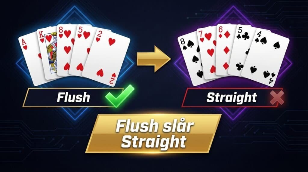 En Flush slår altid en Straight i standard poker. Dette er en af de oftest begåede fejl af begyndere. En Flush (fem kort i samme kulør) er statistisk sjældnere end en Straight og er derfor rangeret højere.