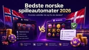 Illustration af norske og danske online spilleautomater med fokus på forskelle mellem Norges spilmonopol og Danmarks licenserede casinomarked.